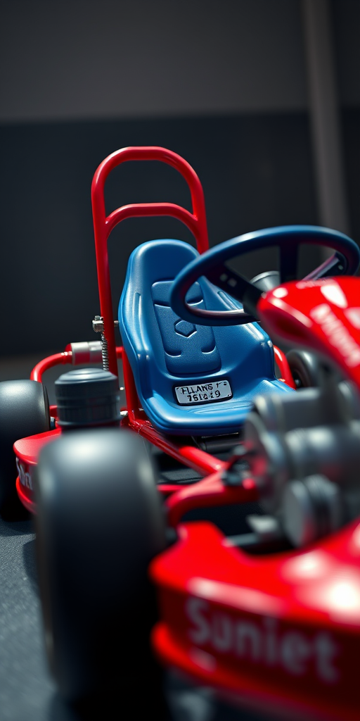 Create a high-resolution 3D render of a racing go-kart with a vibrant red frame and blue seat, using a DSLR camera with a 50mm lens at f/2.8, capturing the kart from a low angle view with dramatic lighting to enhance textures and details.