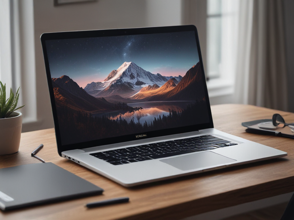 A Serene Mountain Landscape Displayed On A Modern Laptop Screen