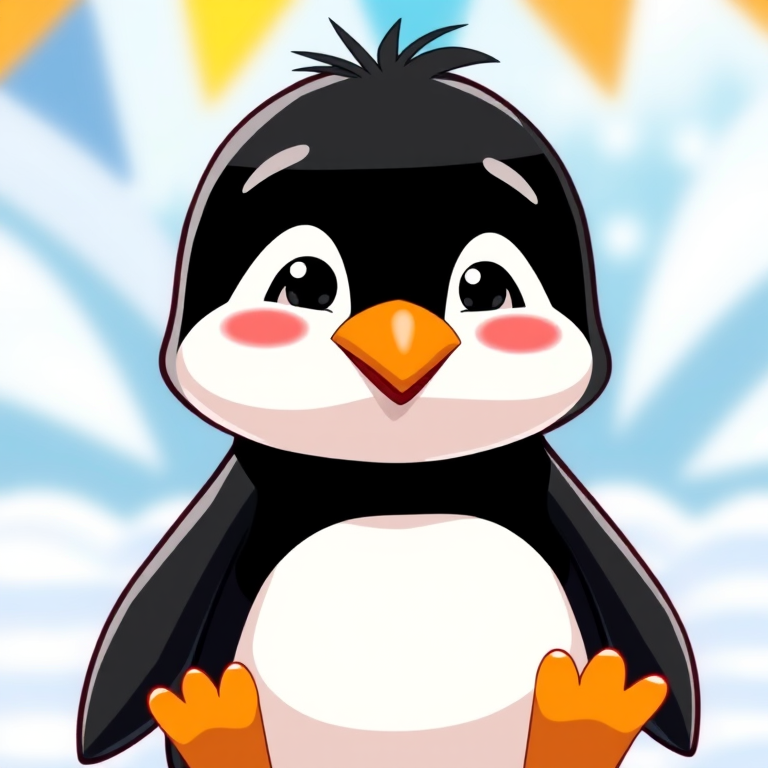 Create a high-resolution cartoon-style illustration of a penguin with a black body, white belly, and orange beak, captured in a bright and colorful setting using a DSLR camera, 50mm lens, f/1.8 aperture, ISO 100, and natural daylight to enhance image quality.