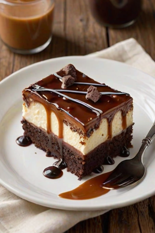 Create an image of a decadent layered dessert with a rich chocolate brownie base, creamy vanilla cheesecake filling, and topped with a glossy caramel sauce and chocolate chunks. The dessert should be presented on a white plate with a rustic background, highlighting its textures and colors.