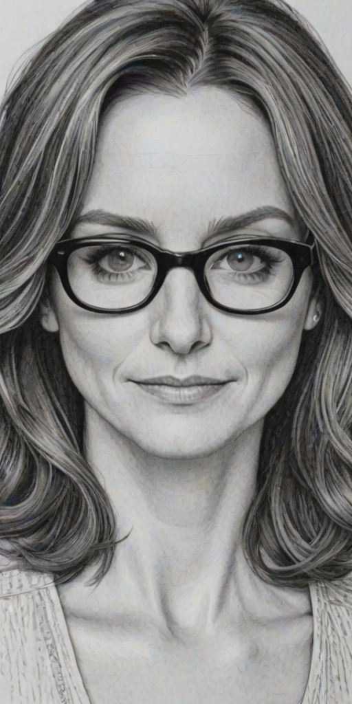 Sublime Tina Fey, pencil sketch, portrait of Enchanting woman 1977s in glasses, hair style beatnik, outline, clear lines, fine lines, 8k