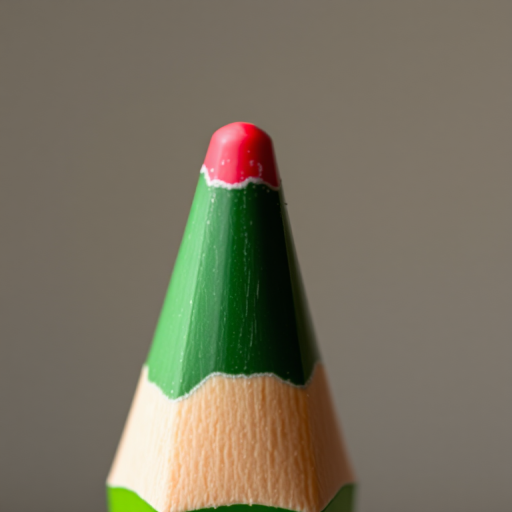 Create a high-resolution image of a green pencil with a red eraser, captured in soft natural light using a macro lens at f/2.8, 1/100s shutter speed, and ISO 200, with a shallow depth of field to enhance the pencil's details and colors against a blurred background.
