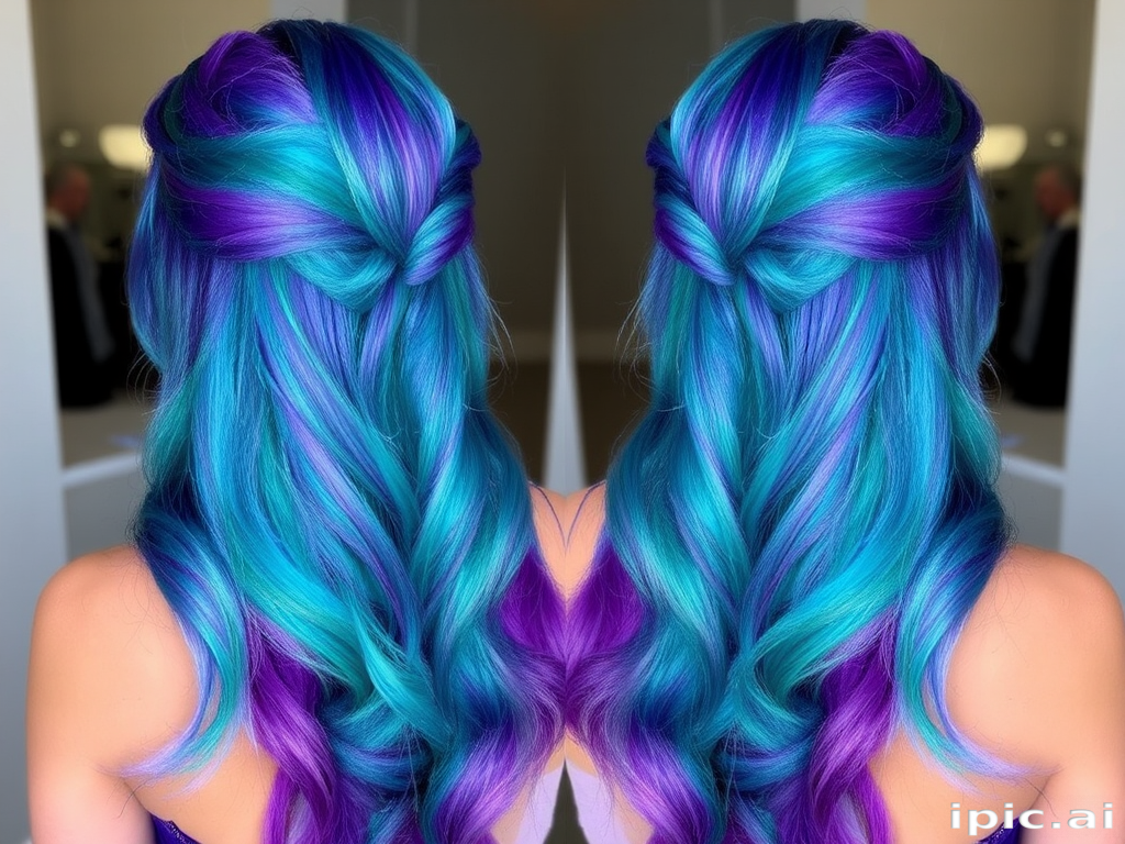 Iridescent mermaid-inspired long locks shifting from teal to purple, the "Ocean Magic" hairdo captures the mesmerizing beauty of the sea