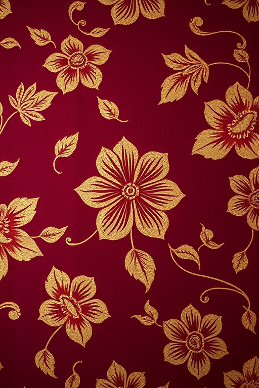 vintage floral pattern on a deep burgundy background, intricate gold detailing, high-resolution, macro lens, f/2.8 aperture, ISO 100, shot with a full-frame DSLR camera, top-down view, soft lighting for enhanced texture.