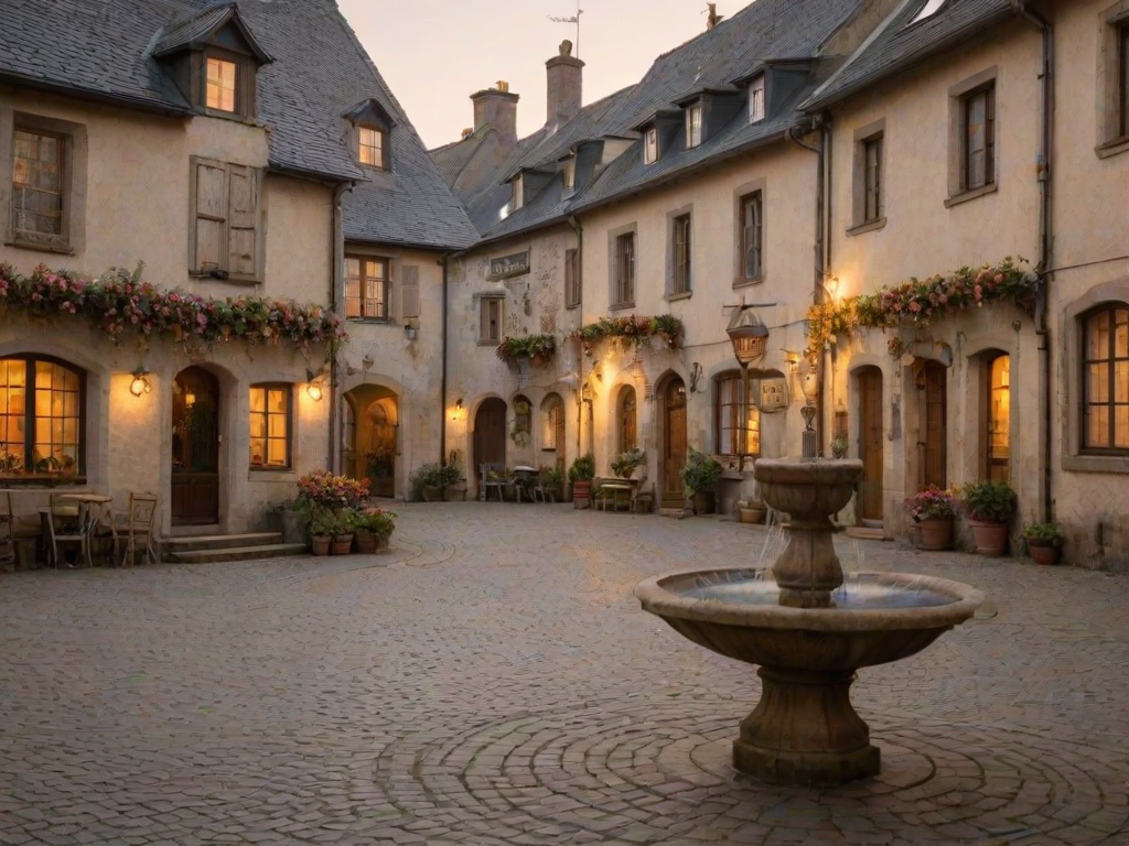 Soft-focus image of a quiet village square at dawn, with soft golden light reflecting off the cobblestones, flower boxes hanging from windows, and a fountain gently trickling in the center.