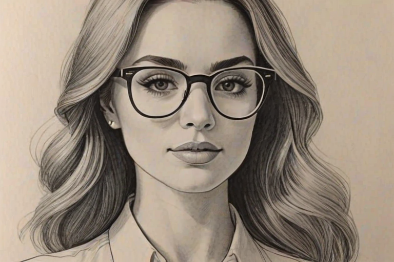 Dazzling Demi Burnett, pencil sketch, portrait of Superb woman 1969s in glasses, hair style beatnik, outline, clear lines, fine lines, 8k