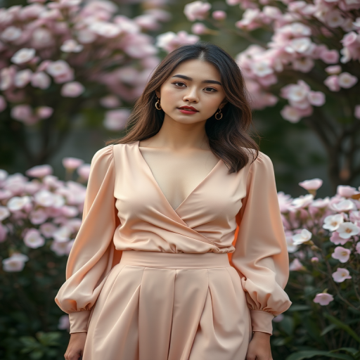 Create a soft-focus portrait of a woman in an elegant outfit with a deep v-neck top and a flowing skirt, standing amidst a backdrop of blooming flowers, using a Canon EOS R5 with a 50mm f/1.2 lens, aperture set to f/2.8, ISO 100, and a warm color profile to enhance details and softness.