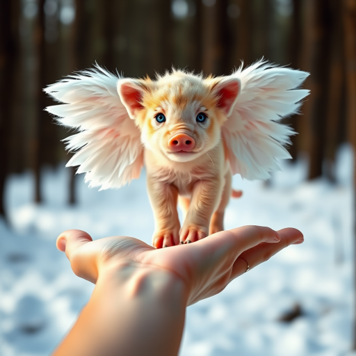A small, pig with angelic wings standing on a human hand. The cub has a soft, fluffy texture with detailed fur, expressive blue eyes, and a curious expression. The wings are large and feathery, blending seamlessly with its fur, giving an ethereal appearance. The background is a winter forest, with the ground covered in snow and blurred brown trees, creating a serene atmosphere. The human hand in the foreground is positioned palm-up, supporting the lion cub gently, fingers slightly curled. The lighting is soft and diffused, enhancing the tender and magical feel of the scene. Colors are predominantly neutral with white, cream, and soft browns, contrasting with the subtle blue of the lion cub's eyes. The overall composition is balanced, with the cub at the center, creating a focal point that draws the viewer's attention immediately.