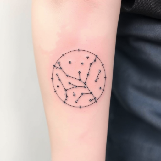 Stick and poke tattoo featuring a constellation map with delicate dot work and minimalist line art, creating a celestial scene on the skin, named "Starry Cartography"