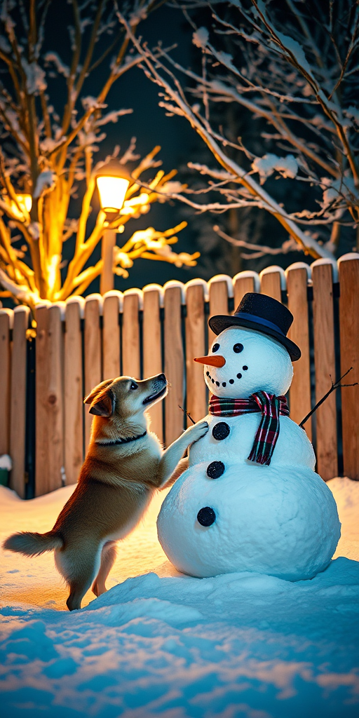 Create a cozy winter scene at night featuring a playful dog interacting with a cheerful snowman, surrounded by snow-covered trees and a wooden fence, captured with a Canon EOS R5 using a 50mm lens at f/1.8, ISO 200, and a shutter speed of 1/60 seconds in a soft focus style to enhance the warm, festive atmosphere.