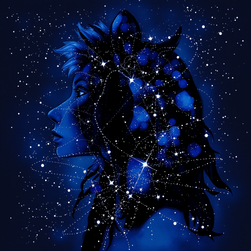 Captivating conceptual render alcohol ink art, double exposure, the paint strokes artfully merge combining a woman's full silhouette with a Adorable alpaca's silhouette. The figures are composed of a series of colored dots, lines & spots that evoke the image of a cosmic galaxy, colors are deep shades of blue purple & black with flashes of white & silver representing distant stars. The woman's silhouette is formed within the lion's silhouette from constellations of scattered stars, surreal