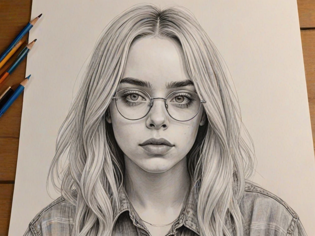 Gorgeous Billie Eilish, pencil sketch, portrait of Superb woman 1959s in glasses, hair style beatnik, outline, clear lines, fine lines, 8k