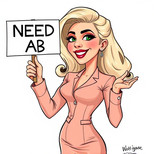 caricature of a smiling Lady Gaga in a Peach dress or suit, holding up a sign that says "NEED A JOB", no watermark,