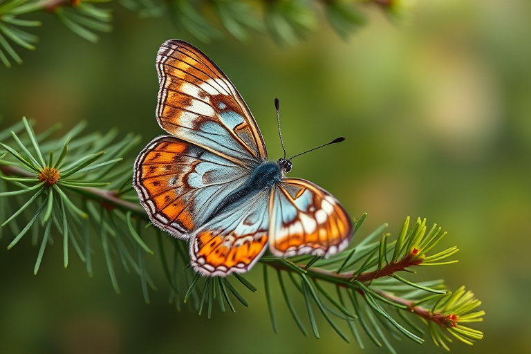 Generate an image of a butterfly perched on a green pine branch, surrounded by a soft, blurred background. The butterfly should have intricate patterns on its wings, showcasing shades of blue and orange. Emphasize the natural beauty of the scene with a focus on the delicate details of the butterfly and the lushness of the pine needles.