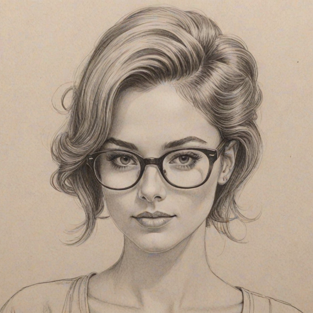 Delightful Sophia Taylor Ali, pencil sketch, portrait of Attractive woman 1968s in glasses, hair style beatnik, outline, clear lines, fine lines, 8k