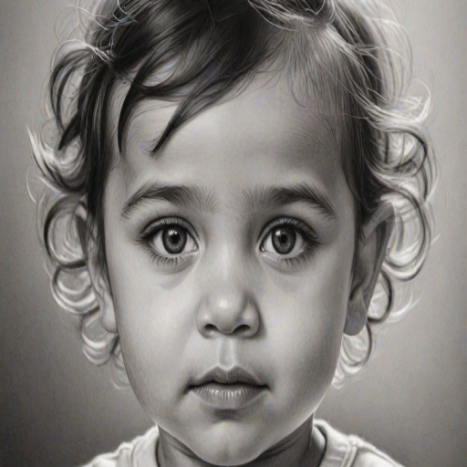 A hyperdetailed photorealistic black and white sketch of a beautiful toddler with deep black eyes, with a macro focus