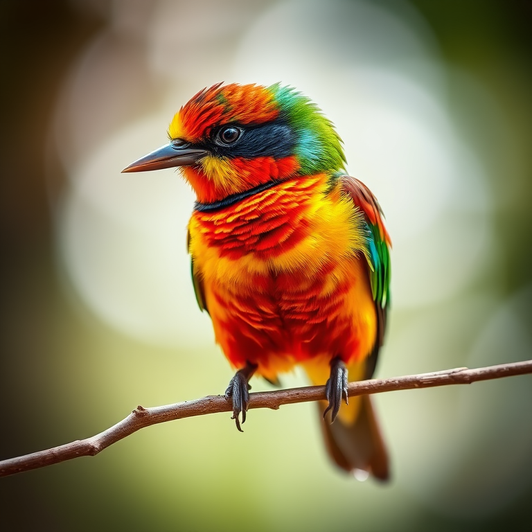 captivating close-up of a colorful bird perched on a branch, soft focus background, natural lighting, ISO 100, f/2.8, 50mm lens, DSLR camera, shallow depth of field