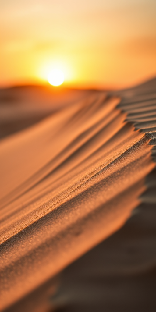 capture a close-up of a sand dune at sunset with soft lighting, using a DSLR camera, 50mm lens, aperture f/2.8, ISO 100, and a shallow depth of field for enhanced texture and detail