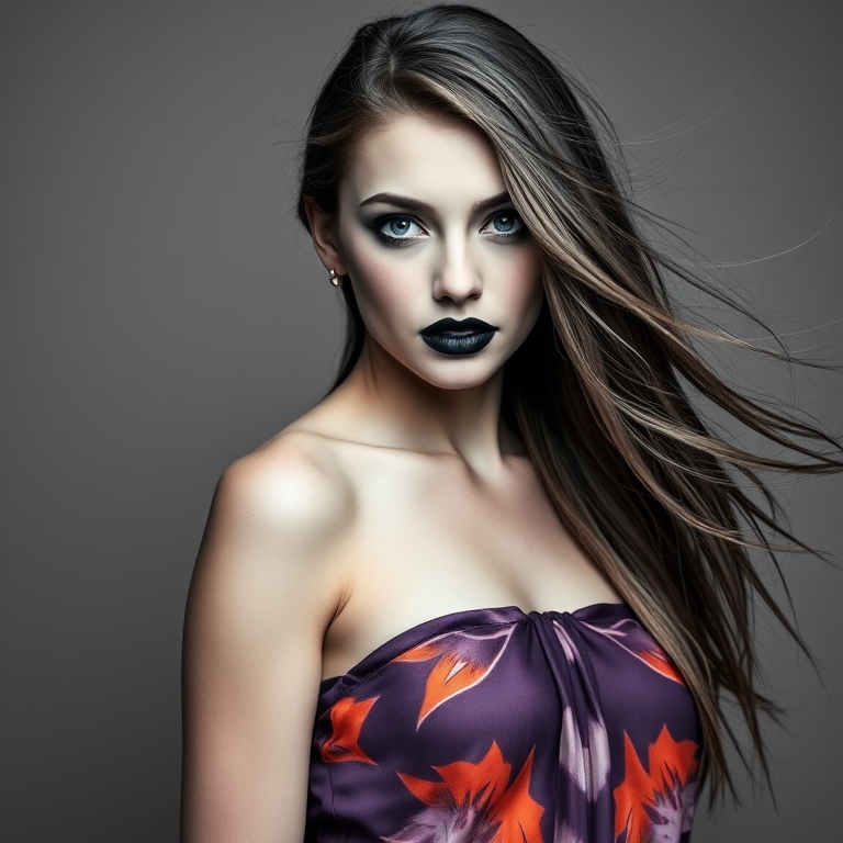 Photographic image of a beautiful young Native American woman, blue eyes, lips with black lipstick, long hair fluttering in the wind and wearing a silk strapless dress with a soft purple and orange print. monochrome image with only color highlights in the iris of the eyes, lipstick and dress. Gray background.