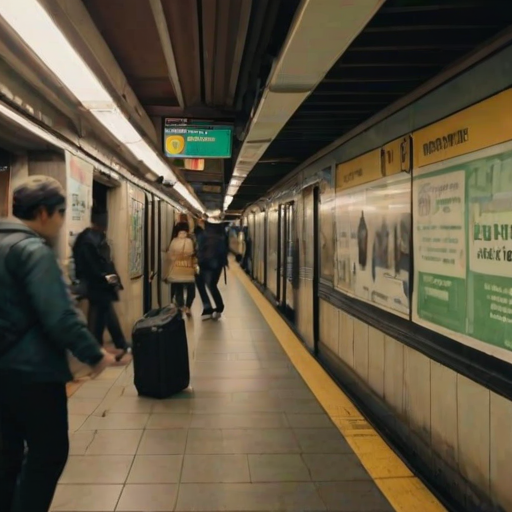 Busy subway station during rush hour, commuters rushing past, with advertisements lining the walls, a musician playing a cheerful tune on a corner, and the sound of trains approaching in the background.
