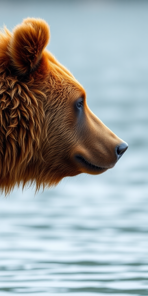 Generate a high-resolution close-up of a brown bear's profile by a serene body of water, using a DSLR camera with a 50mm lens, aperture f/1.8, ISO 200, and a shallow depth of field for a soft background blur.