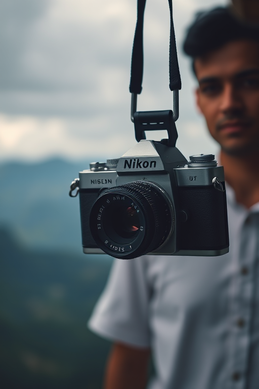 vintage Nikon camera hanging with a blurred background of mountains and a person in a white shirt, moody lighting, focus on camera details