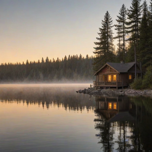 Softly focused photo of a peaceful lakeside cabin at dawn, soft light from the rising sun illuminating the calm water, with distant birds flying overhead and a feeling of quiet serenity.