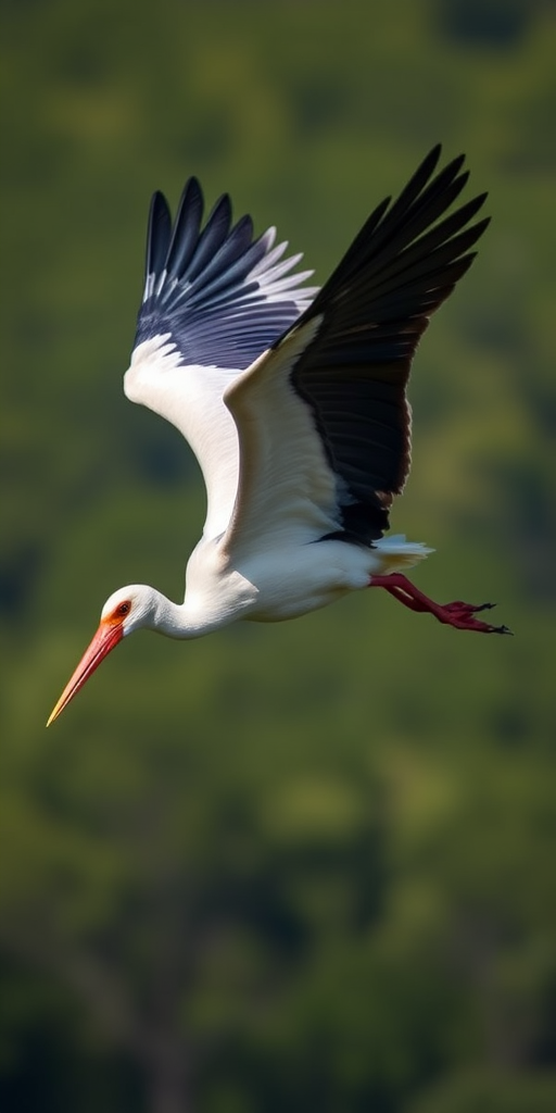 A stork in mid-flight with extended wings, captured with a Canon EOS 5D Mark IV, 100mm lens, f/8 aperture, ISO 200, 1/1000 sec shutter speed, natural light, with a shallow depth of field for a blurred background.