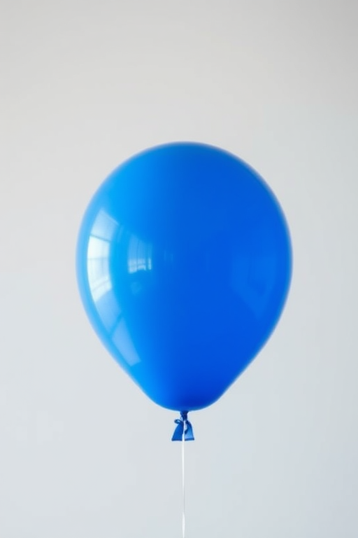 create a high-resolution image of a blue balloon floating with a plain background, using a 50mm lens, f/2.8 aperture, ISO 100, and 1/200 shutter speed, front view, in soft natural lighting