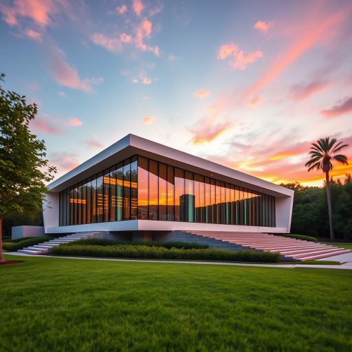 Render a modern architectural masterpiece with an angular design, large glass windows, and a surrounding landscape of lush greenery at sunset with vibrant skies, using a DSLR camera, 24mm focal length, f/8 aperture, ISO 200, and a slight tilt-shift effect to enhance depth.