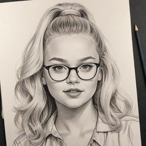 Attractive JoJo Siwa, pencil sketch, portrait of Appealing woman 1968s in glasses, hair style beatnik, outline, clear lines, fine lines, 8k