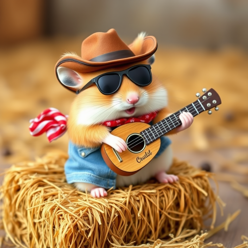 A chibi hamster, dressed as a cowboy, playing guitar, sitting on a hay bale