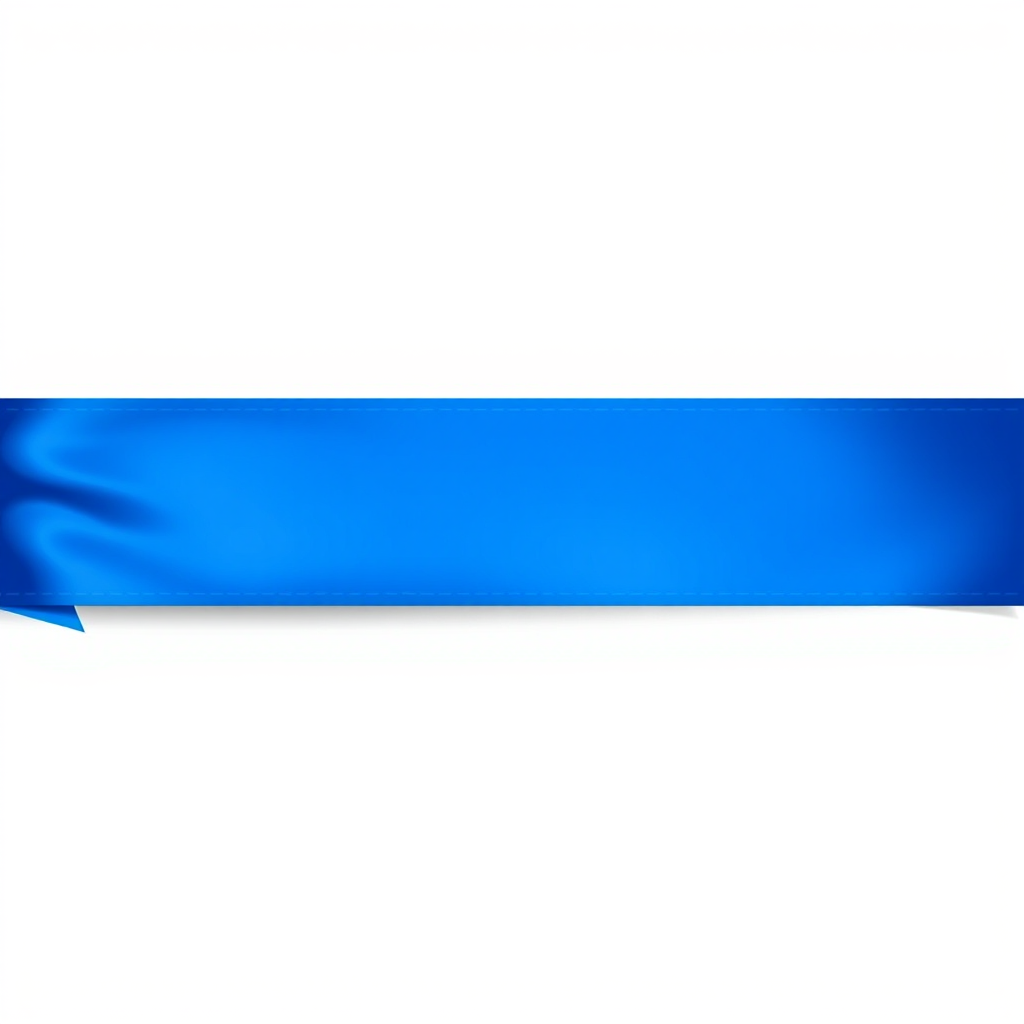 Create a smooth, glossy blue ribbon banner with flowing ends, captured in high resolution with a DSLR camera, using a 50mm lens at f/2.8, ISO 100, and a shallow depth of field to enhance sharpness and detail.