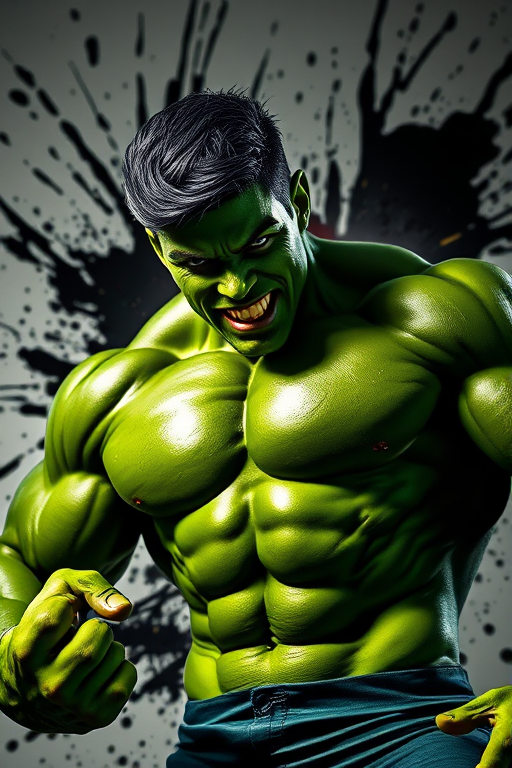 create an image of a muscular green superhero in a powerful pose with an intense expression surrounded by abstract splashes of black paint, camera settings: f/2.8, 1/500s, ISO 100, camera view: low-angle shot, camera style: dynamic lighting with dramatic shadows, camera type: DSLR
