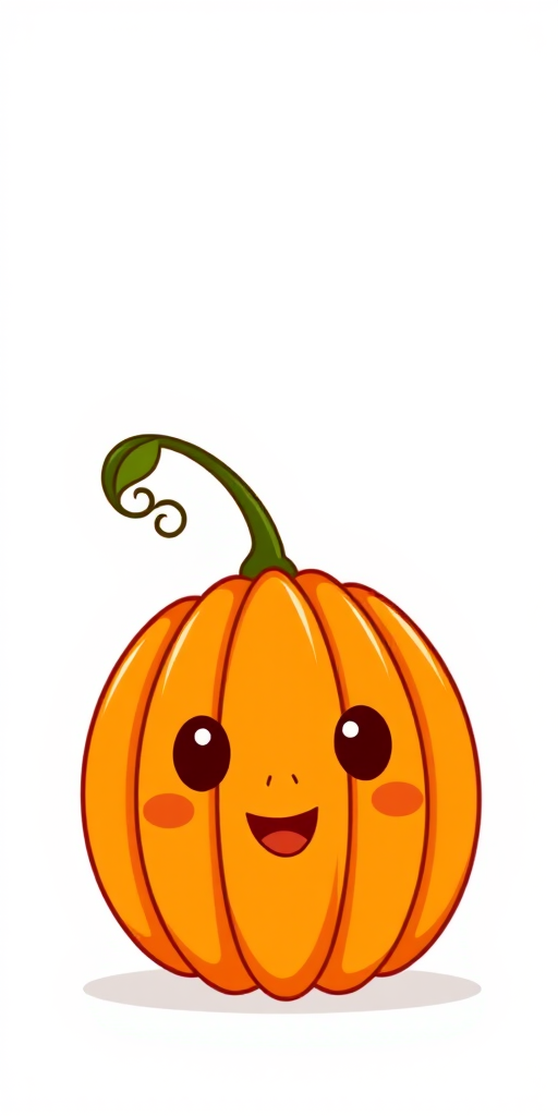Create a cute cartoon pumpkin with a happy face large expressive eyes and a small smile add a green leaf and a curved stem on top use bright orange color for the pumpkin and keep the background simple and white