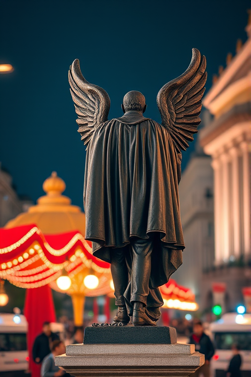 Capture a detailed image of a statue with a majestic cape and wings in a nighttime festival setting, using a Canon EOS R5 camera, 24mm lens, aperture f/2.8, ISO 800, and a shutter speed of 1/50s, with a low-angle shot to emphasize the subject against the city backdrop.