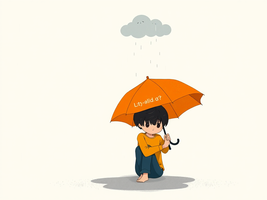 Create an illustrated scene of a person holding an orange umbrella over another person who is sitting on the ground, looking sad, set against a light, minimalistic background with gentle rain falling and a small gray cloud above, captured with a Canon EOS R5, 50mm lens, f/1.8 aperture, ISO 100, using soft natural lighting for a warm and comforting feel.