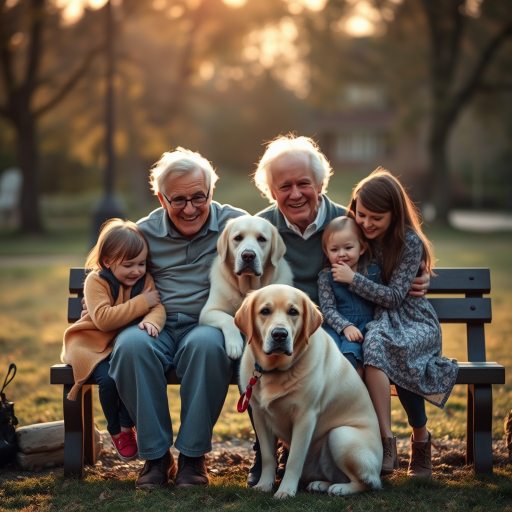 Capture a heartwarming scene of an elderly couple sitting on a bench surrounded by grandchildren and a golden retriever, in soft, diffused natural light during golden hour, using a Canon EOS R5 with a 50mm f/1.8 lens, aperture set to f/2.8, ISO 400, shutter speed 1/200s, with a shallow depth of field for a dreamy, cinematic effect.