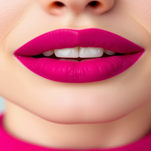Vibrant fuchsia matte lipstick adorns full, pouty lips, creating a bold statement against pale skin, emphasizing the natural contours and subtle vertical lines
