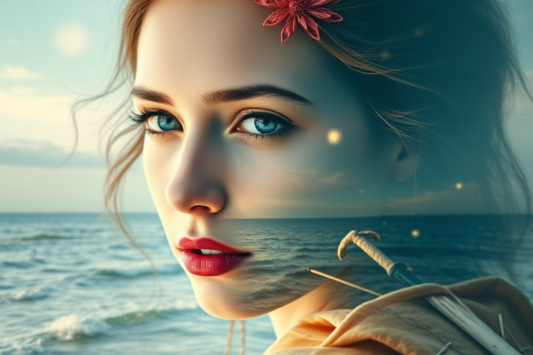 this picture is Book cover, A surreal double exposure portrait that blends a woman's face with a beautiful seascape. The overall mood is dreamy and mystical, with rich colors and intricate details