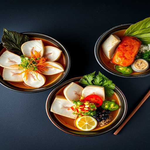 A high-resolution image of two bowls of Japanese cuisine featuring white fish, colorful toppings, and garnishes on a dark background, shot with a DSLR camera at f/2.8, 1/60 sec, ISO 100 from a top-down view using a macro lens to capture details and textures.
