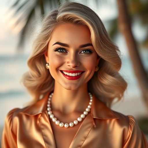 A beautiful Hawaiian woman reminiscent of 1950s Hollywood glamour, with perfectly styled blonde hair and a seductive smile, dressed in a satin blouse and adorned with pearls, soft and warm tones, photorealistic, 8K