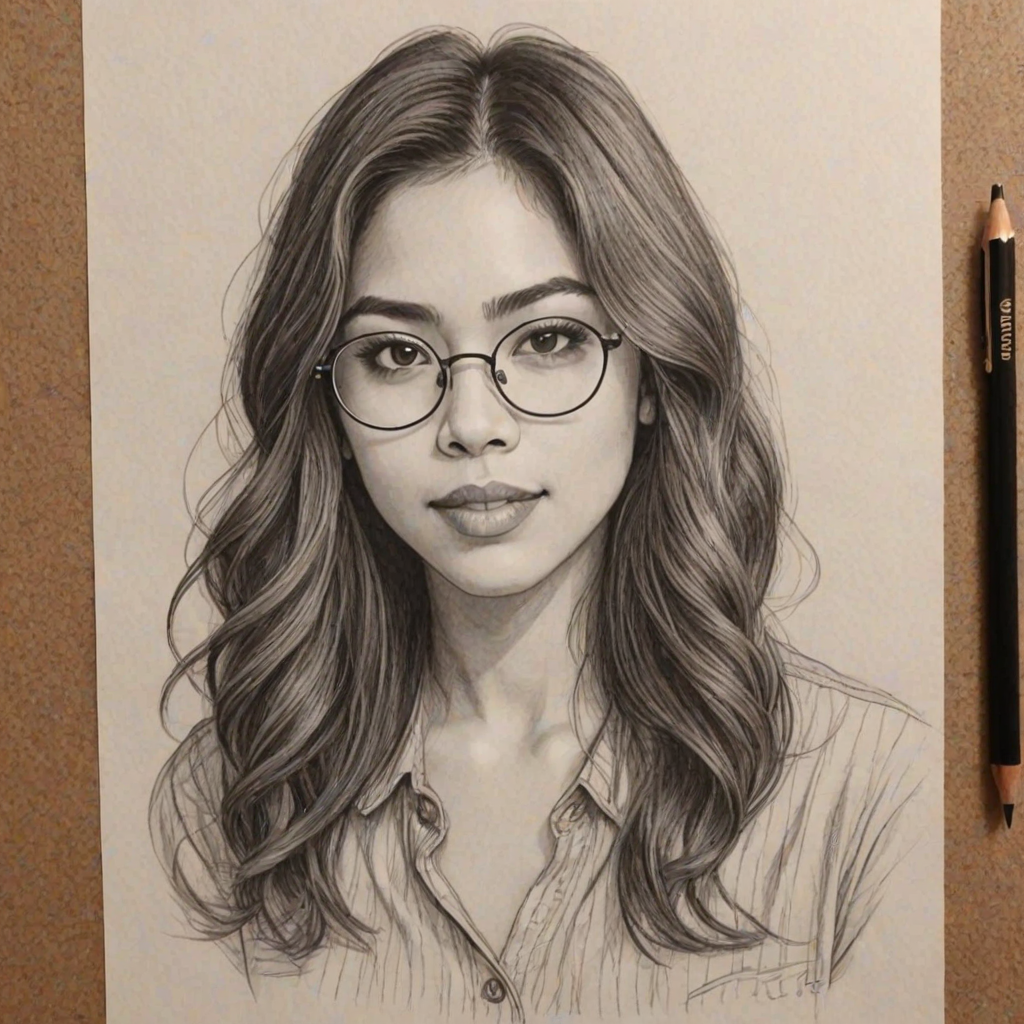 Magnificent Ashley Argota, pencil sketch, portrait of Appealing woman 1923s in glasses, hair style beatnik, outline, clear lines, fine lines, 8k