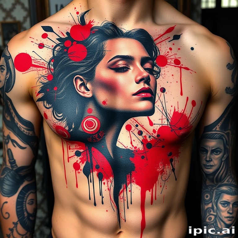 Trash polka style tattoo combining realistic portrait with abstract red and black elements, chaotic yet balanced composition on ribcage