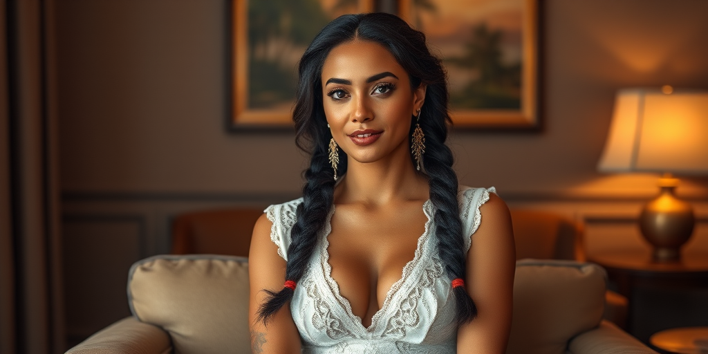 Create a portrait of a refined and elegant Hawaiian woman seated in a sophisticated setting. She has long, wavy hair styled in two thick braids that are pulled over her shoulders. She wears a white, lace gown with intricate patterns, featuring a deep V-neckline and short sleeves. The dress exudes a vintage charm with its delicate lacework. She is adorned with ornate, dangling earrings that add a touch of glamour to her appearance. The background is softly lit, with warm, ambient lighting that creates a cozy and inviting atmosphere. Her expression is poised and serene, capturing a sense of grace and elegance.