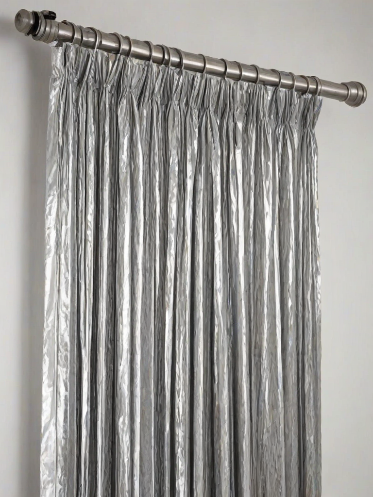 regenerate an image of a silver pleated curtain with a gathered top, hanging straight down against a white background