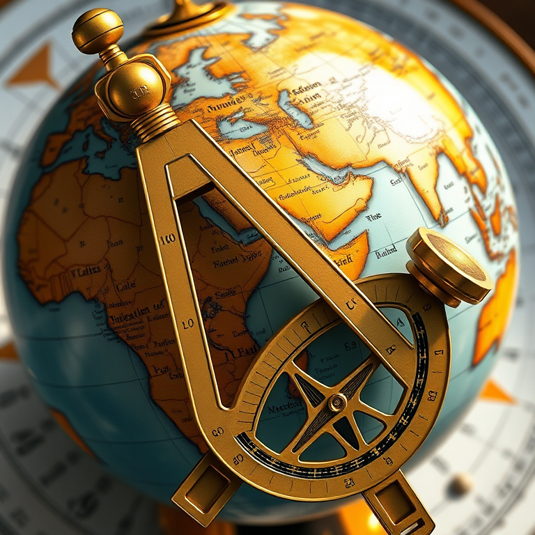 Create a detailed illustration of a globe with a golden sextant in the foreground, using a DSLR camera with a 50mm lens, aperture set to f/2.8, ISO 100, and natural lighting to enhance clarity and color vibrancy.