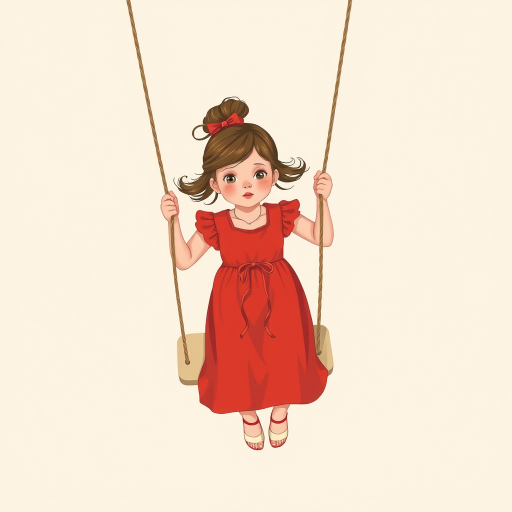 a young girl in a red dress swinging on a minimalistic swing against a soft pastel background, captured with a Canon EOS R5, 50mm lens, f/1.8, ISO 100, natural light, top-down view, illustration style, clean and vibrant colors