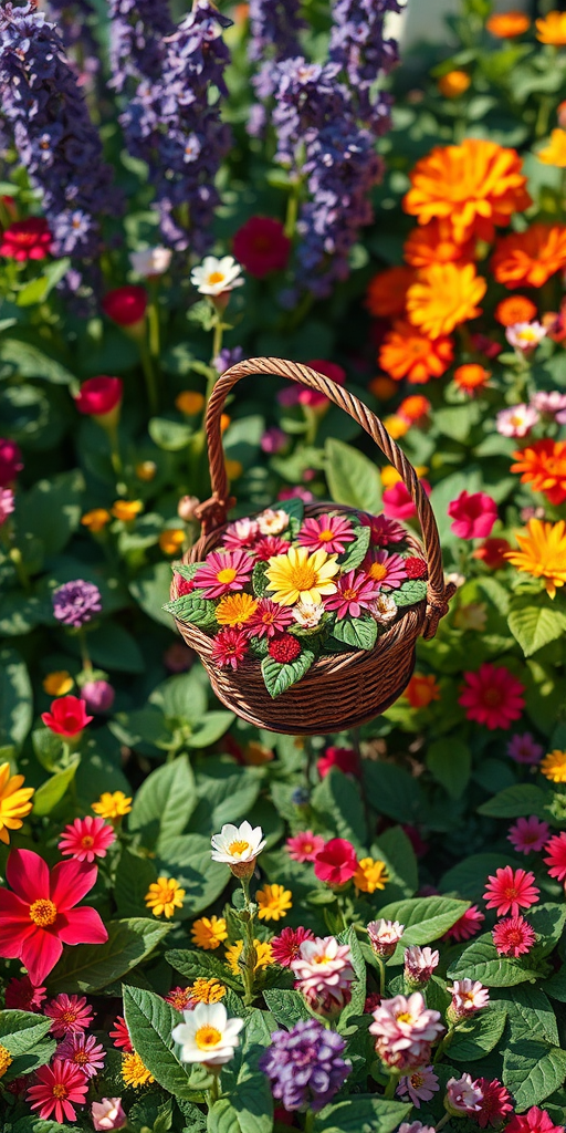 Create a vibrant, colorful illustration of a garden filled with intricate flowers and leaves, focusing on a central decorative basket with a variety of floral designs, shot with a Canon EOS R5, 50mm lens at f/2.8, ISO 100, captured from a high-angle view to highlight depth and detail in a bright, well-lit setting.