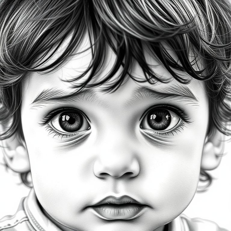 A hyperdetailed photorealistic black and white sketch of a beautiful toddler with deep brown eyes, with a macro focus